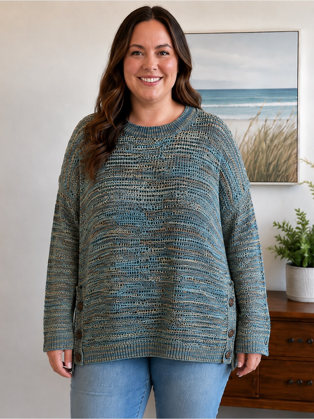 John Paul Richard XXL Open Knit Sweater Blue Tan Striped Lightweight Boho